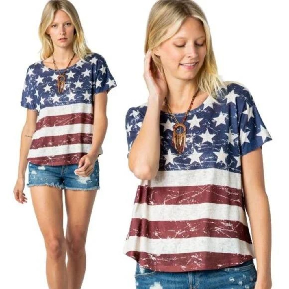 VOCAL Womens American Flag Distressed T Shirt Patriotic Graphic Top Small NWT